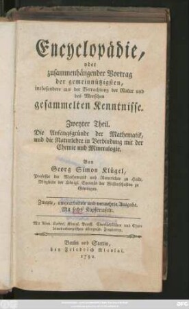 Theil 2: Die Anfangsgründe der Mathematik, und die Naturlehre in Verbindung mit der Chemie und Mineralogie : Mit sechs Kupfertafeln