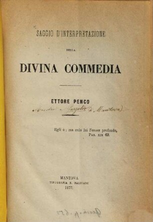 Saggio d'interpretazione della Divina Commedia : (Dante.)