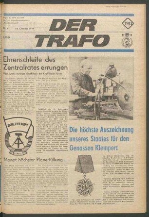 TRO-Betriebszeitung 'Der Trafo'; Nr. 41/1974 (14. Oktober 1974)
