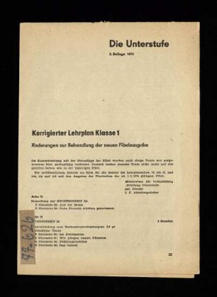 Die Unterstufe: 3. Beilage 1974 Korriegierter Lehrplan Klasse 1