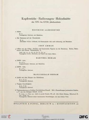 Kupferstiche, Radierungen, Holzschnitte des XV. bis XVIII. Jahrhunderts (Nr. 1-224)