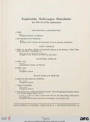 Kupferstiche, Radierungen, Holzschnitte des XV. bis XVIII. Jahrhunderts (Nr. 1-224)