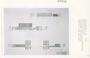 Konservatorium, Berlin-Grunewald (Diplomarbeit bei Willy Kreuer): Ansichten Gartenfront, Wirtschaftshof und Schnitte 1:200