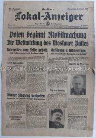 Tageszeitung "Berliner Lokal-Anzeiger" zur Mobilmachung in Polen infolge des Hitler-Stalin-Paktes