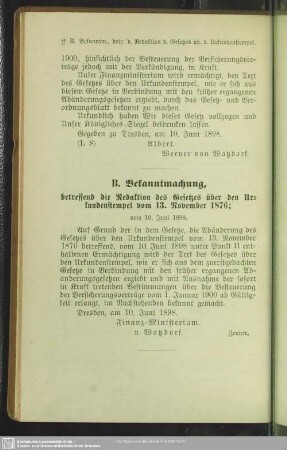 B. Bekanntmachung, betreffend die Redaktion des Gesetzes über den Urkundenstempel vom 13. November 1876