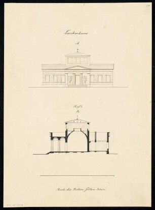 Leichenhaus und Kapelle Monatskonkurrenz Dezember 1833: Aufriss Vorderansicht, Querschnitt; Maßstabsleiste