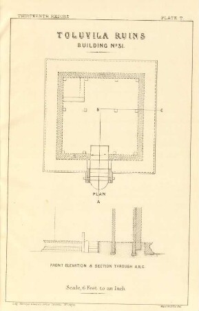 Plate T. Toluvila ruins. Building No. 31. Plan. Front elevation & section through A. B. C.