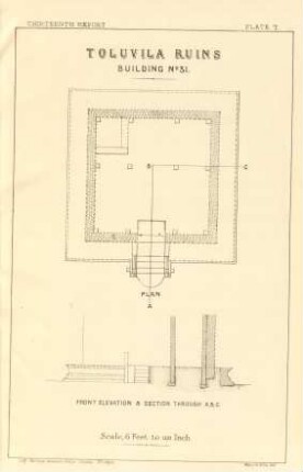 Plate T. Toluvila ruins. Building No. 31. Plan. Front elevation & section through A. B. C.