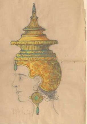 Entwurf einer orientalischen Maske und Kopfbedeckung gezeichnet von Bernhard Pankok?