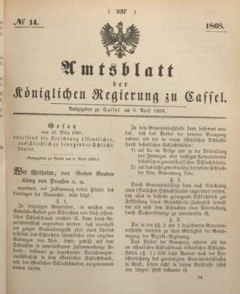 № 14. Ausgegeben zu Cassel am 9. April 1868.