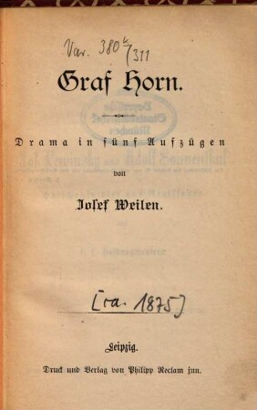 Graf Horn : Drama in fünf Aufzügen
