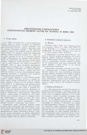 Sprawozdanie z działalności Państwowych Zbiorów Sztuki na Wawelu w roku 1992