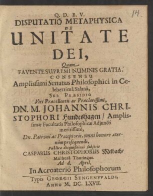 Disputatio Metaphysica De Unitate Dei