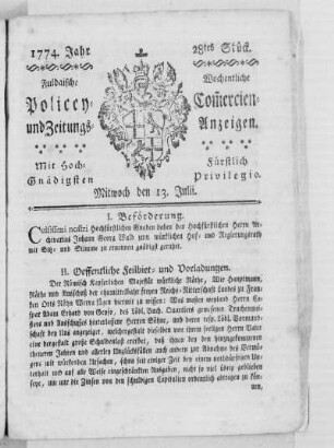 28tes Stück., Ausgabe vom 13. Juli 1774