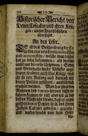 Historischer Bericht von Denen Cosacken und ihren Kriegen/ ausm Frantzösischen übersetzet.