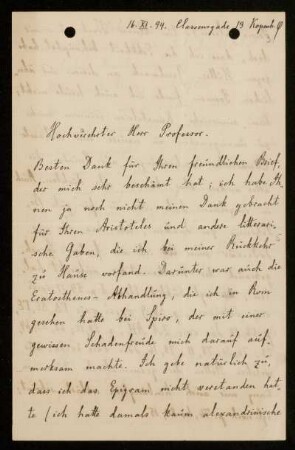 Nr. 3. Brief von Johan L. Heiberg an Ulrich von Wilamowitz-Moellendorff. Kopenhagen, 16.11.1894
