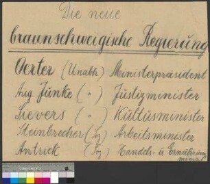 Bekanntmachung über die Vertreter der neuen braunschweigischen Landesregierung [nach der Wahl durch den Landtag am 22.06.1920]