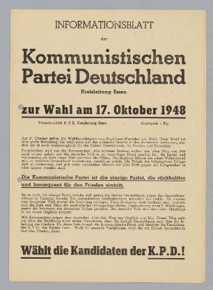 "INFORMATIONSBLATT der Kommunistischen Partei Deutschland, Kreisleitung Essen"