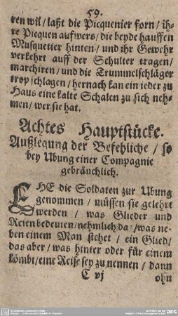 Achtes Hauptstücke. Außlegung der Befehliche/so bey Ubung einer Compagnie gebräuchlich.