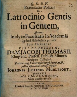 Exercitatio Politica De Latrocinio Gentis in Gentem