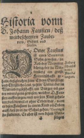 Historia vonn D. Johann Fausten/ deß weitbeschreyten Zauberers/ Geburt und Studiis.
