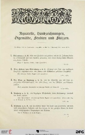 Aquarelle, Handzeichnungen, Ölgemälde, Studien und Skizzen (Nr. 1-300)
