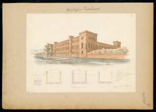 Predigerseminar Monatskonkurrenz April 1844: Grundrissskizzen Erdgeschoss, 1. und 2. Obergeschoss, Einzelzimmer, perspektivische Ansicht; Maßstabsleiste