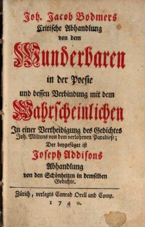 Critische Abhandlung von dem Wunderbaren in der Poesie