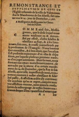 Remonstrance de l'eglise réformée de la Ville de Valencenes