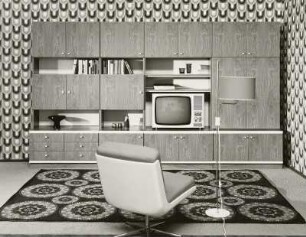 Anbauwand (Modell 915) : Wohnzimmermöbel (1973). Ansicht mit Anbauwand, Sessel und Stehlampe