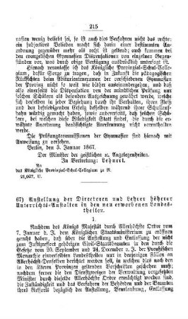 Anstellung der Directoren und Lehrer höherer Unterrichts-Anstalten in den neu erworbenen Landestheilen : [III. Gymnasien und Realschulen]