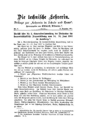 Bericht über die 4. Generalversammlung des Verbandes für hauswirtschaftliche Frauenbildung vom 14.-16. Juni 1907 in Hamburg
