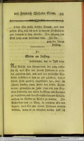 31. Gleim an Lessing. Halberstadt, den 20. Juli 1759