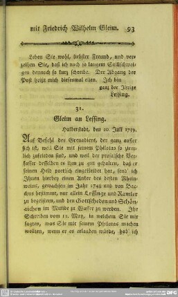 31. Gleim an Lessing. Halberstadt, den 20. Juli 1759