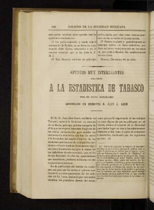 Apuntes muy Interesantes para servir a la Estadistica de Tabasco por el Socio Honorario