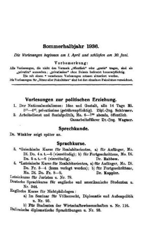 [Verzeichnis der Vorlesungen] Sommerhalbjahr 1936.
