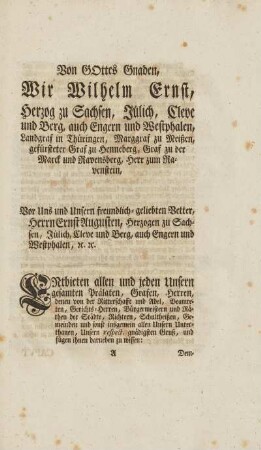 Von Gottes Gnaden, Wir Wilhelm Ernst, Herzog zu Sachsen, ...