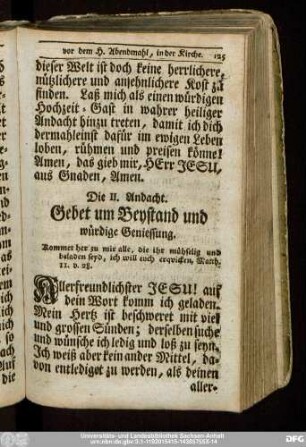 Die II. Andacht. Gebet um Beystand und würdige Geniessung.