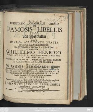 Disputatio Inauguralis Juridica De Famosis Libellis Vulgo