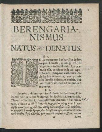 Berengarianismus Natus Et Denatus.