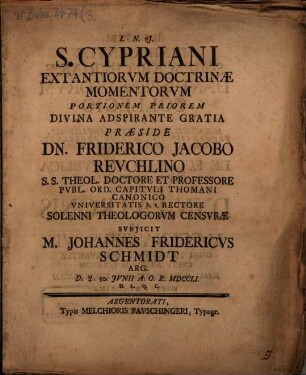 S. Cypriani extantiorum doctrinae momentorum portionem priorem