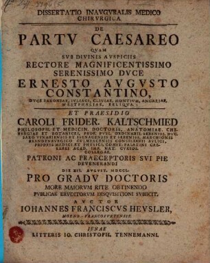 Dissertatio Inavgvralis Medico Chirvrgica De Partv Caesareo