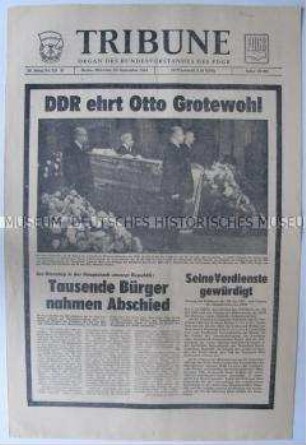 Tageszeitung des FDGB "Tribüne" zur Beisetzung von Otto Grotewohl