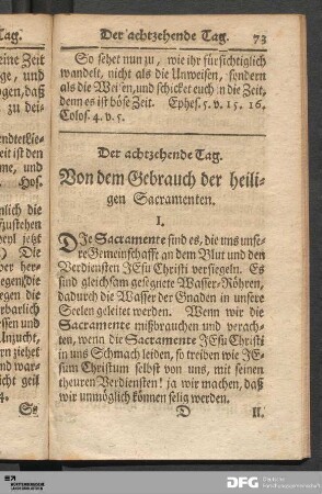 Der achtzehende Tag. Von dem Gebrauch der heiligen Sacramenten.