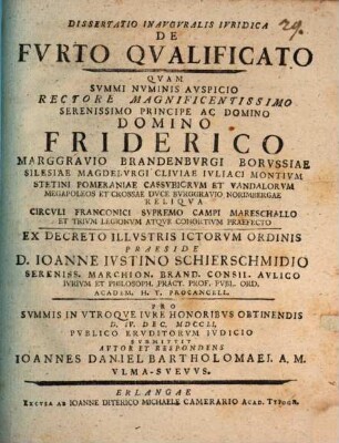 Dissertatio inavgvralis ivridica de furto qvalificato