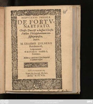 Disputatio Physica De Fortuna Et Fato