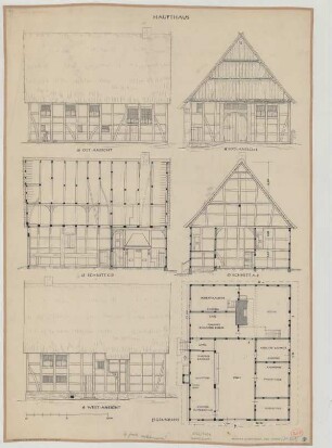 Hoinkhausen (Kreis Lippstadt): Pfarrhaus. Haupthaus (Grundriss, Ostansicht, Südansicht, Westansicht, Schnitte)