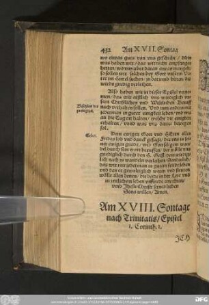 Am XVIII. Sontage nach Trinitatis/ Epistel I. Corinth. I.