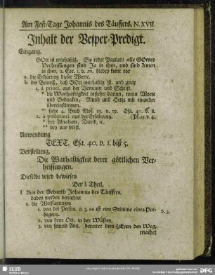 Inhalt der Vesper-Predigt [Am Fest-Tages Johannis des Täuffers]