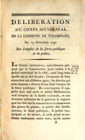 Délibération du Corps Municipal de la commune de Strasbourg du 19. Dec. 1791 sur l'emploi de la force publique et la police